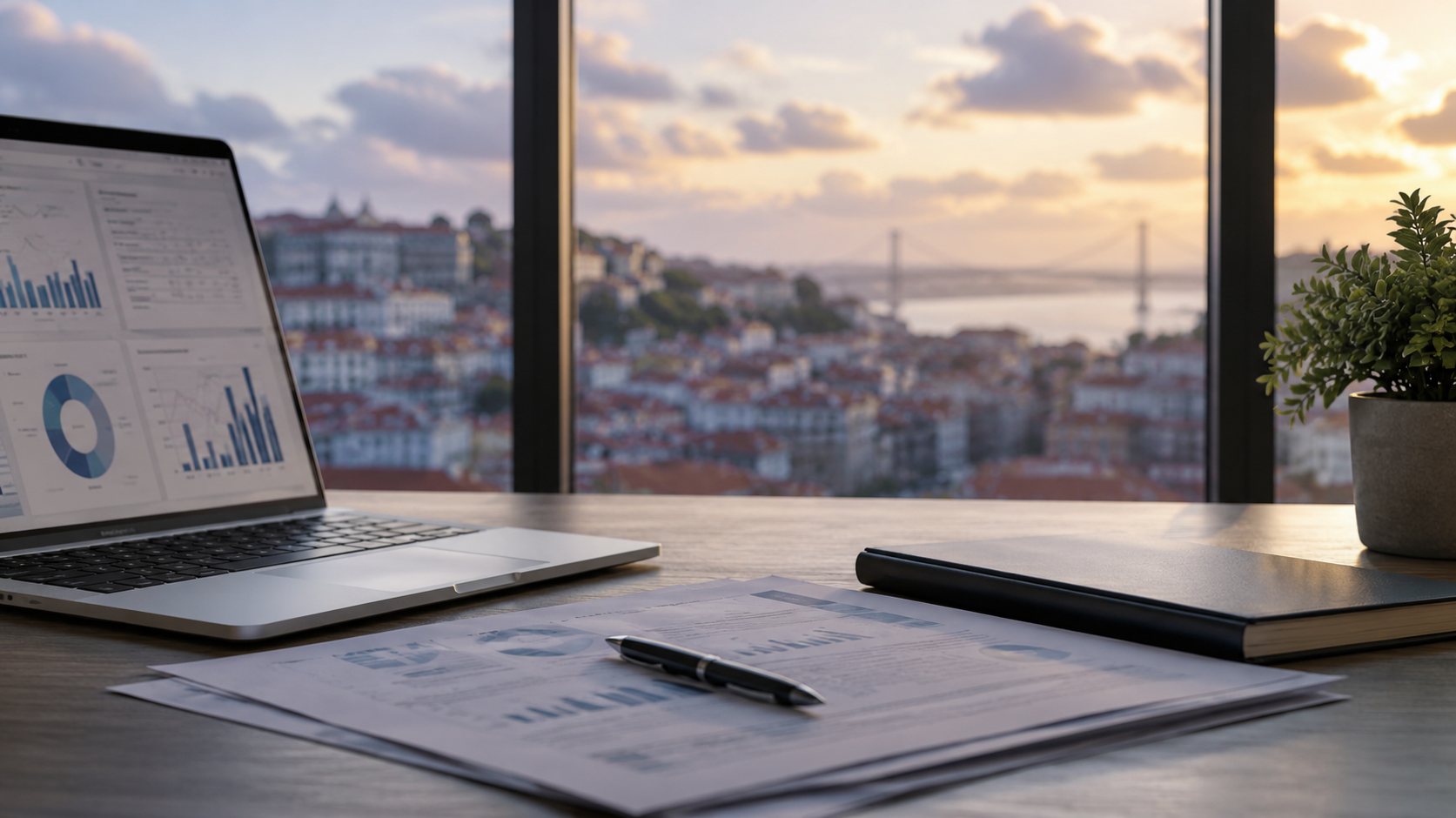 Secretária com análise de um projeto de investimento sobre Lisboa ao fim do dia
