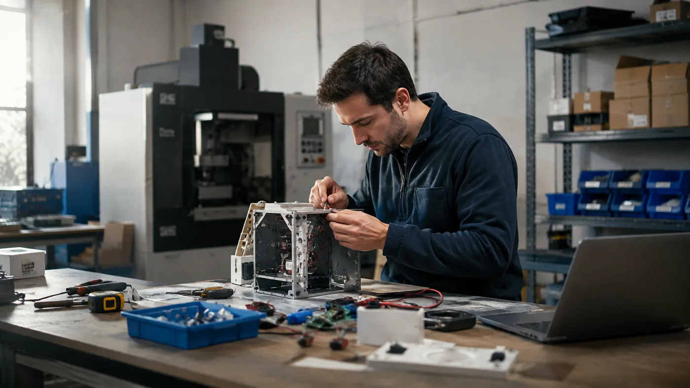 Técnico a montar um protótipo numa bancada de oficina, com máquina CNC ao fundo e um portátil ao lado
