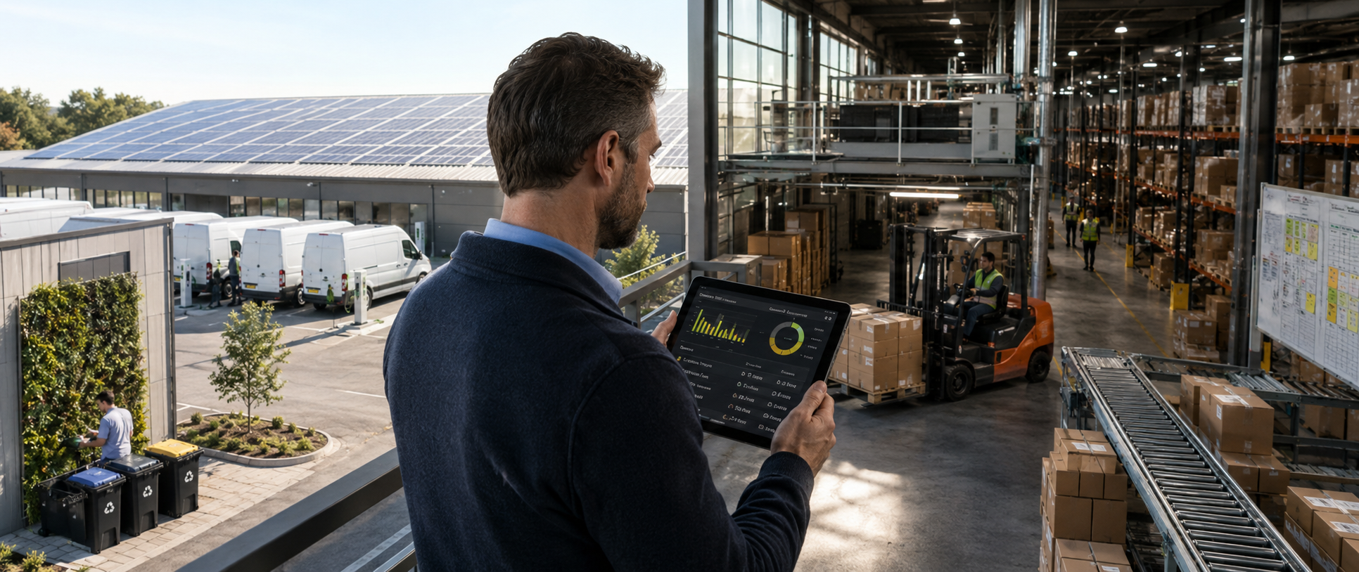 Responsável de operação a consultar indicadores de consumo num armazém com painéis solares na cobertura e frota elétrica em carregamento